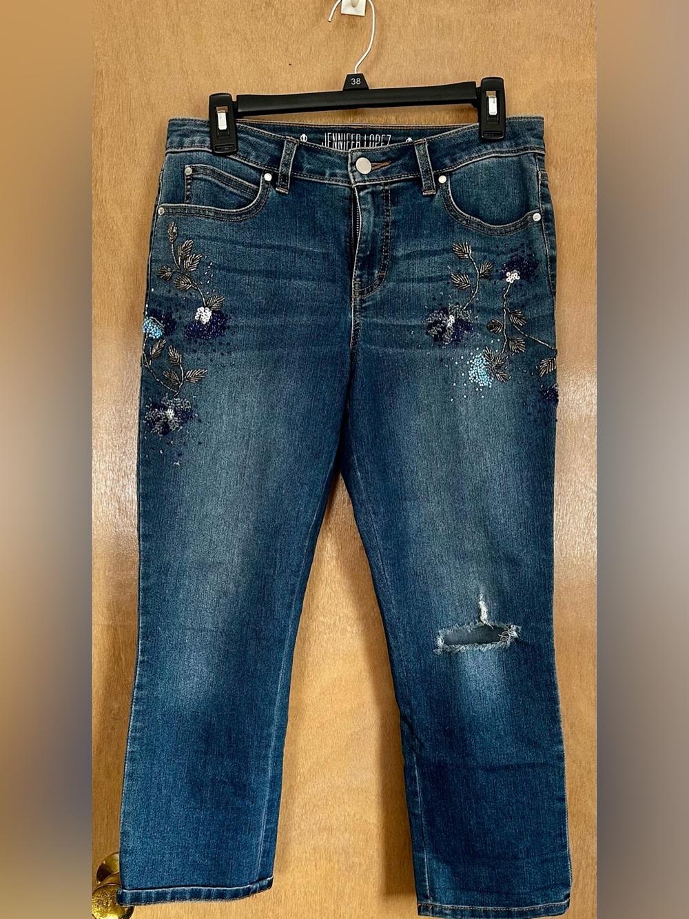 Jennifer Lopez Dark Blue Straight Leg Capris with Floral Sequin Embroidery